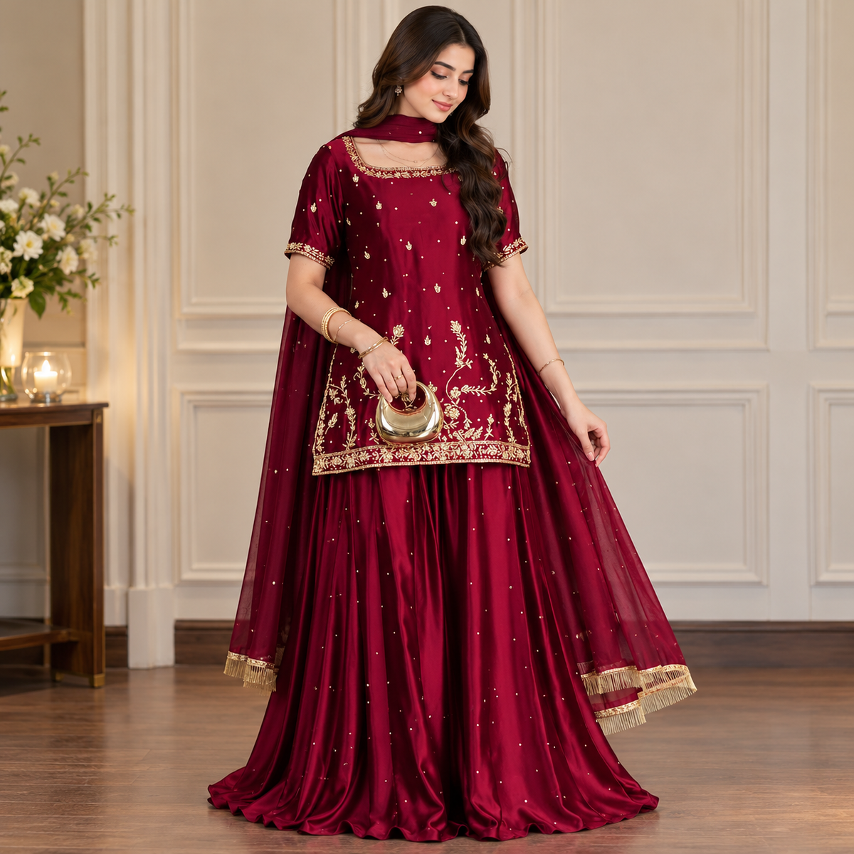 Royal Burgundy – Gold Embroidered Traditional Ensemble