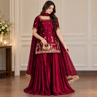 Royal Burgundy – Gold Embroidered Traditional Ensemble