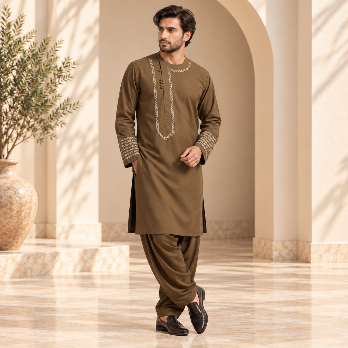 Afghan Heritage Embroidered Shalwar Kameez – Classic Olive Brown