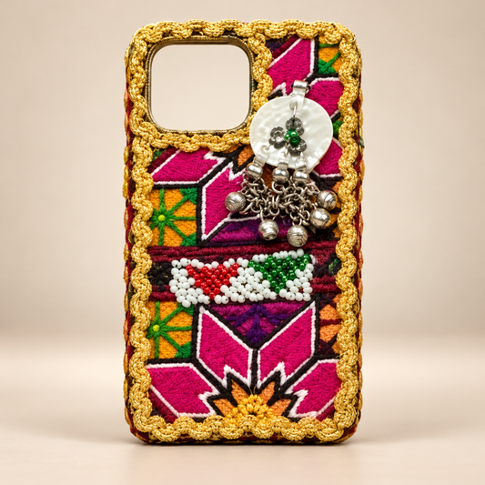 Royal Pink Handmade Embroidered Mobile Cover with Golden Trim, Pearl Disc & Silver Charms