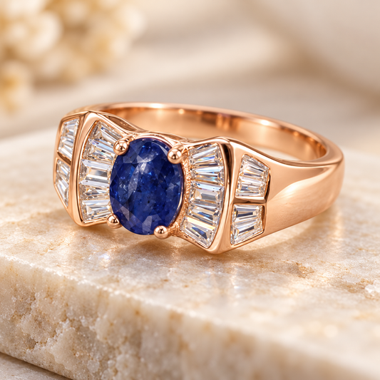 Luxury Royal Blue Sapphire Rose Gold Baguette Statement Ring