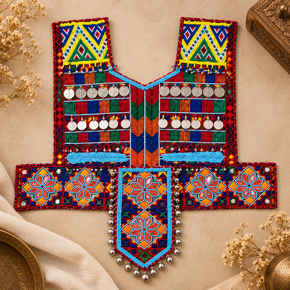 Multicolor Tribal Geometric Embroidered V-Neckline Patch with Silver Coin Charms and Metallic Bell Tassels