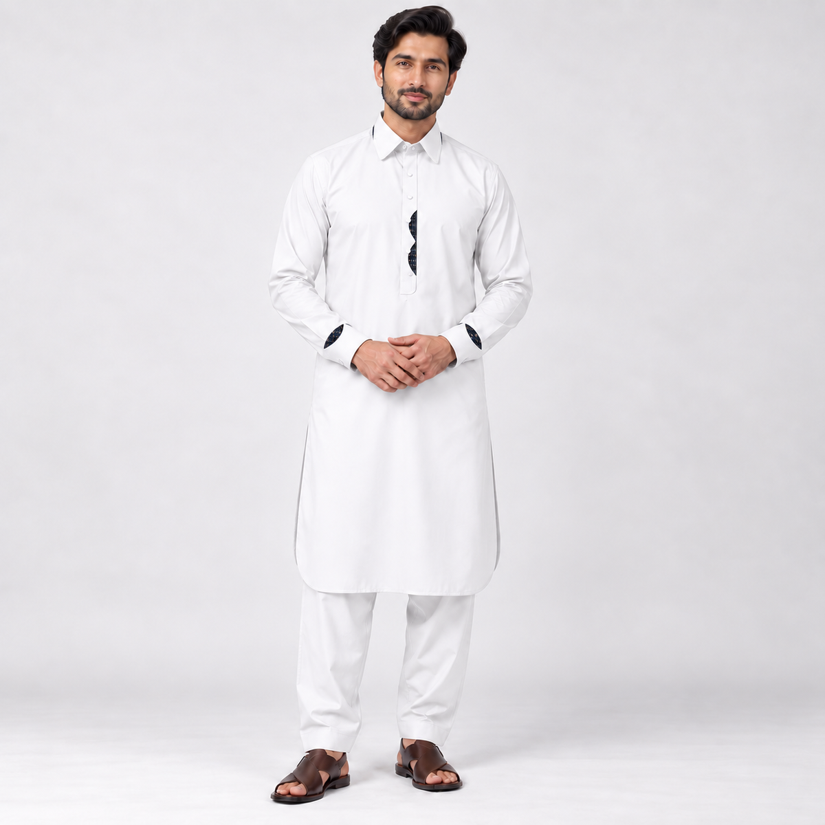 Classic White Men’s Shalwar Kameez with Contrast Patterned Accents