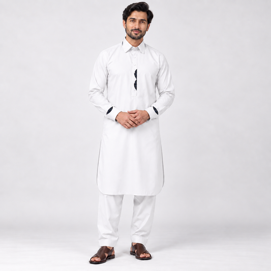 Classic White Men’s Shalwar Kameez with Contrast Patterned Accents