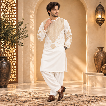 Afghan Traditional White Embroidered Kurta Shalwar – Royal Gold Heritage Wear