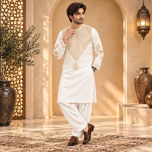 Afghan Traditional White Embroidered Kurta Shalwar – Royal Gold Heritage Wear