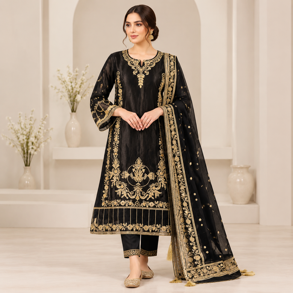 Noir Royale Gold Embroidered 3-Piece Suit