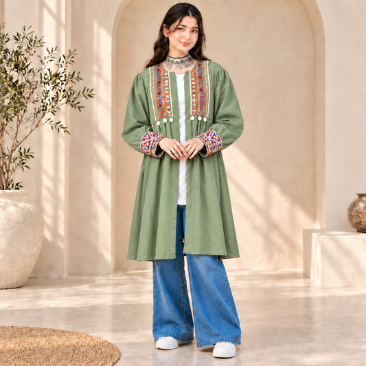Afghan Heritage Sage Green Embroidered Coat