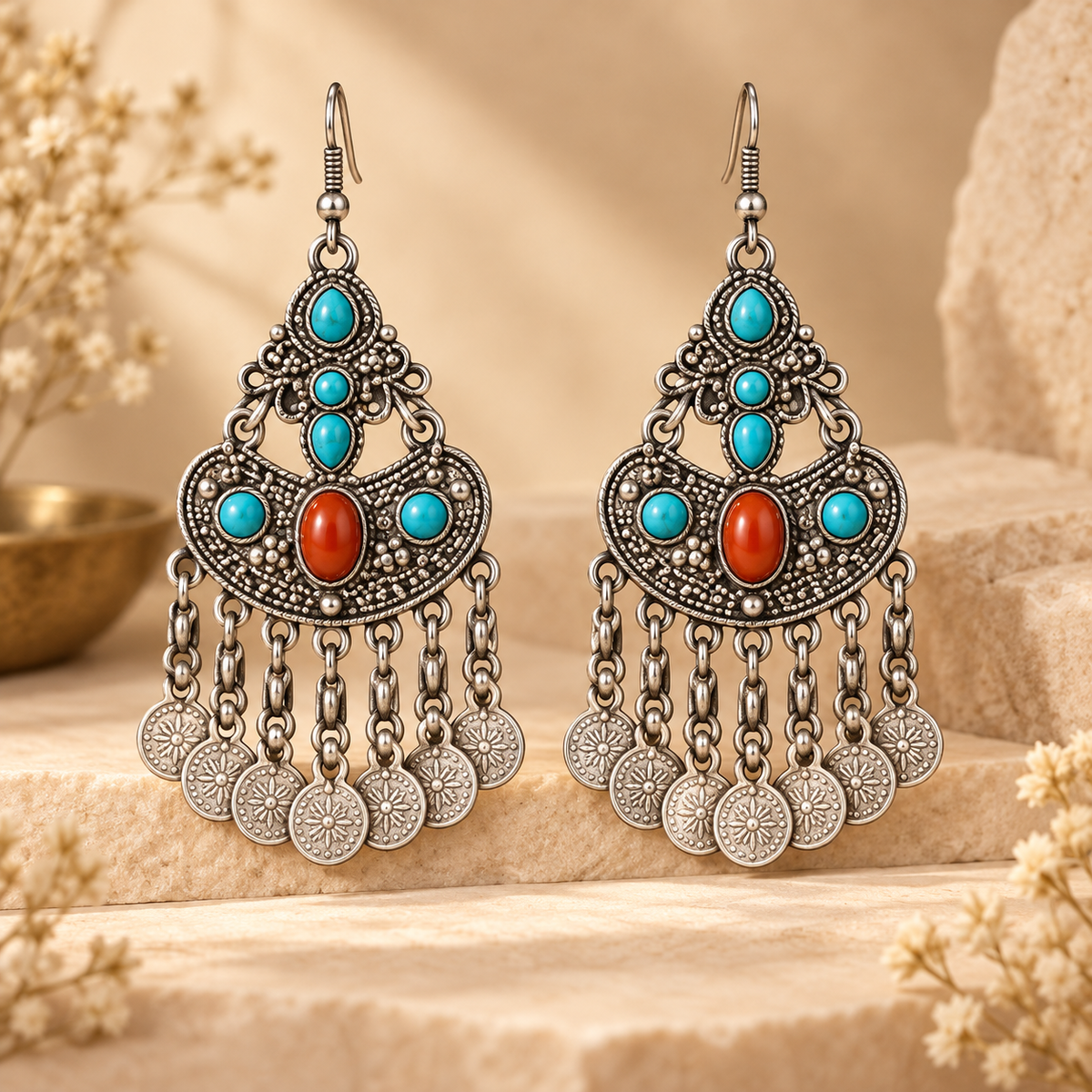 Antique Silver Turquoise Blue & Coral Red Chandbali Earrings with Coin Danglers
