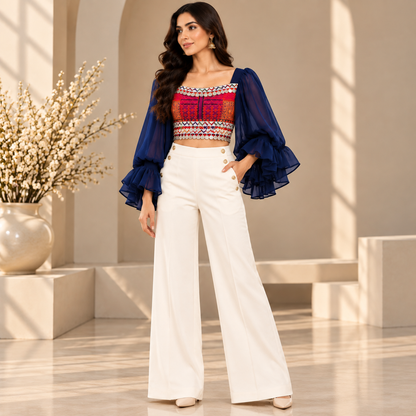 Midnight Blue Heritage Embroidered Crop Top