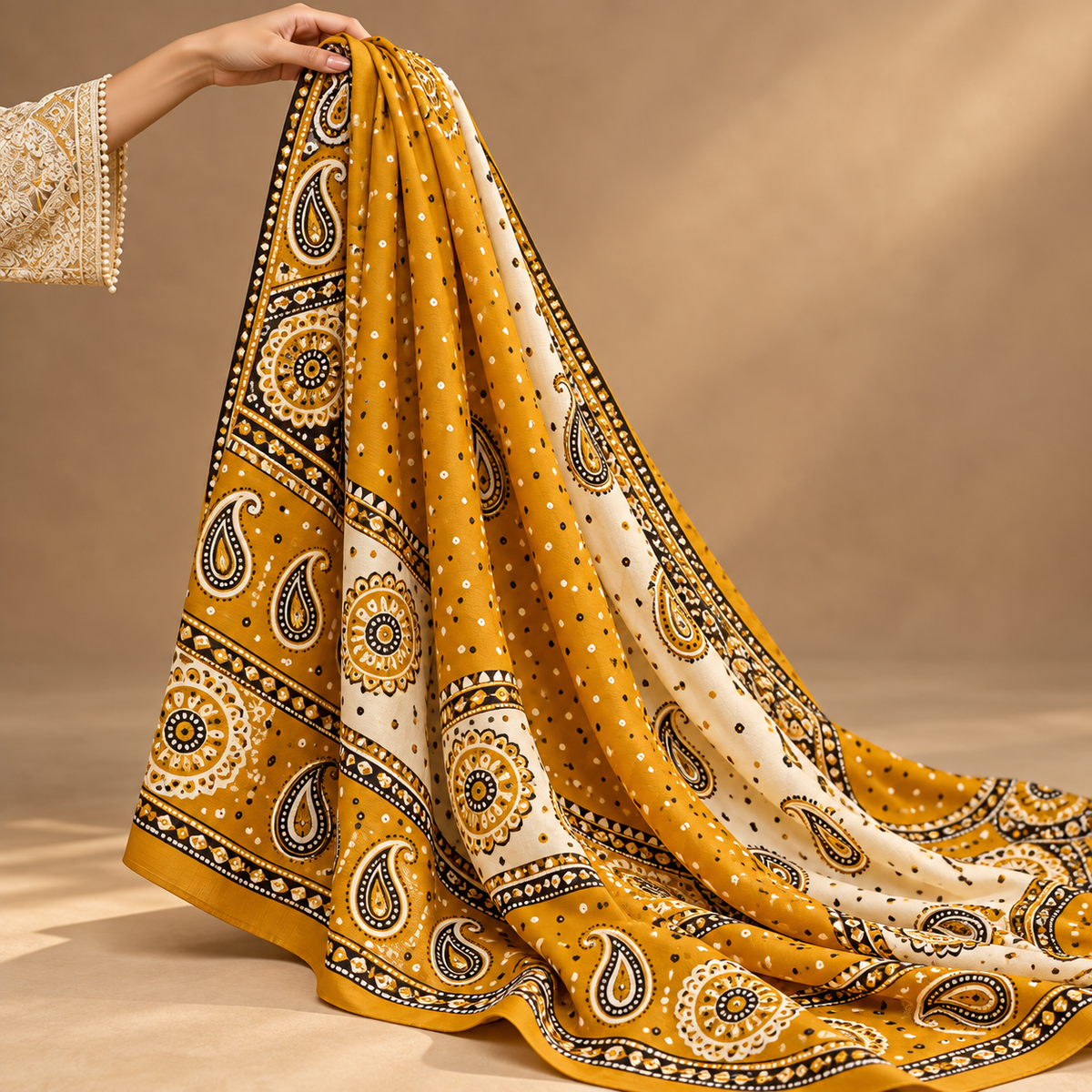 Mustard Ivory Paisley Printed Traditional Dupatta