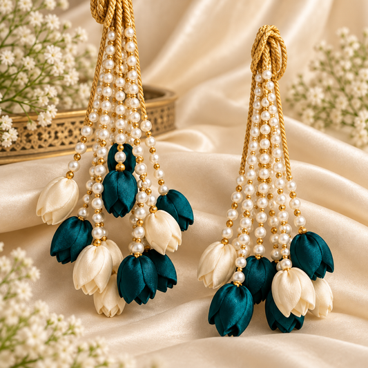 Luxury Teal Green & Ivory Handmade Floral Tassels with Pearl Beads & Golden Braided Cords