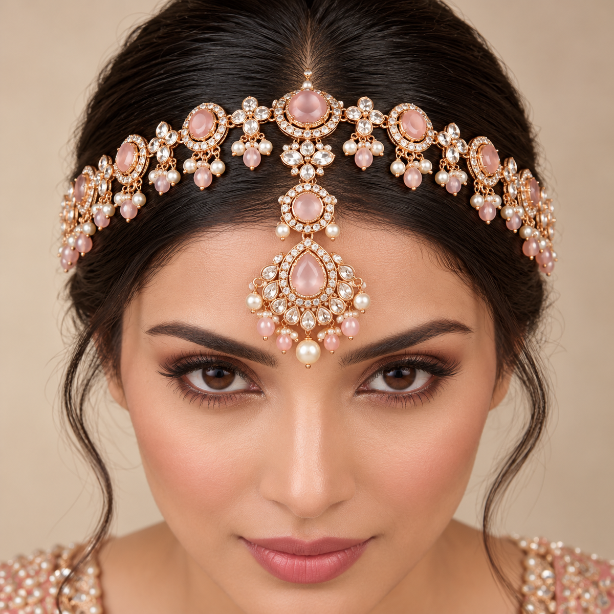 Luxury Rose Gold &amp; Blush Pink Bridal Matha Patti Headpiece