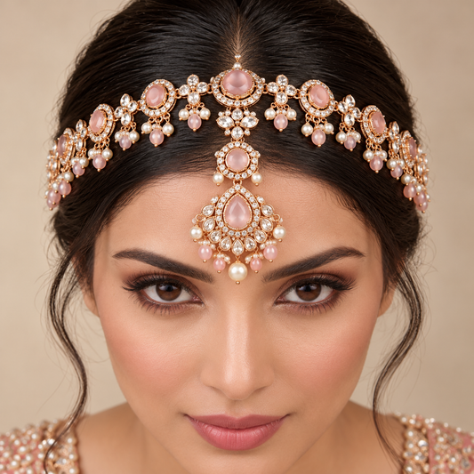 Luxury Rose Gold &amp; Blush Pink Bridal Matha Patti Headpiece