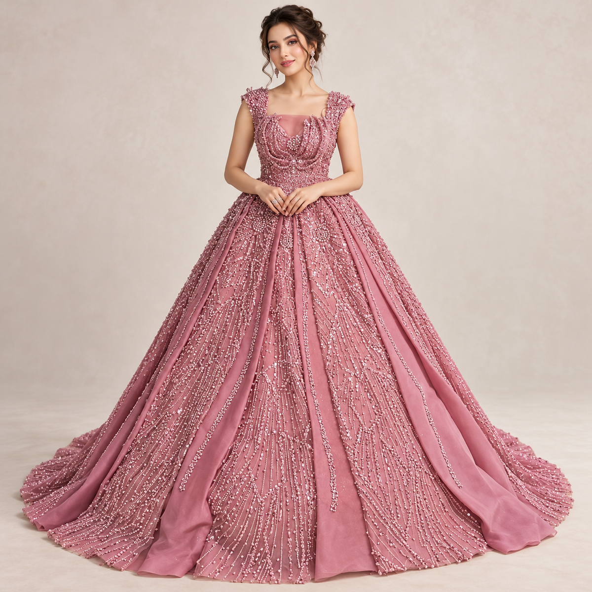 Luxury Dusty Rose Pink Embellished Maxi Dress – Elegant Princess Style