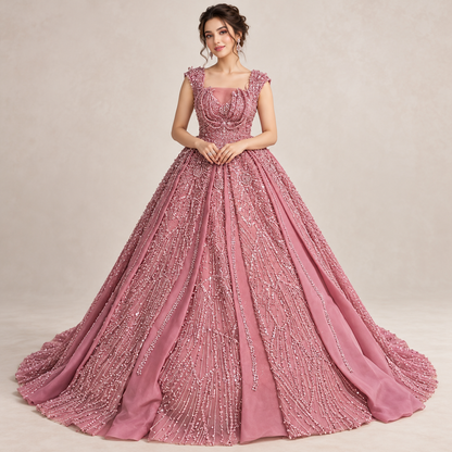 Luxury Dusty Rose Pink Embellished Maxi Dress – Elegant Princess Style