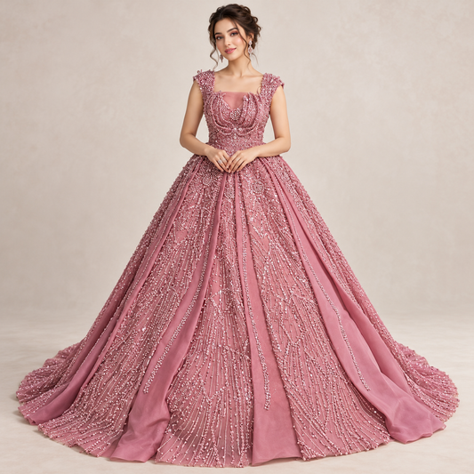 Luxury Dusty Rose Pink Embellished Maxi Dress – Elegant Princess Style