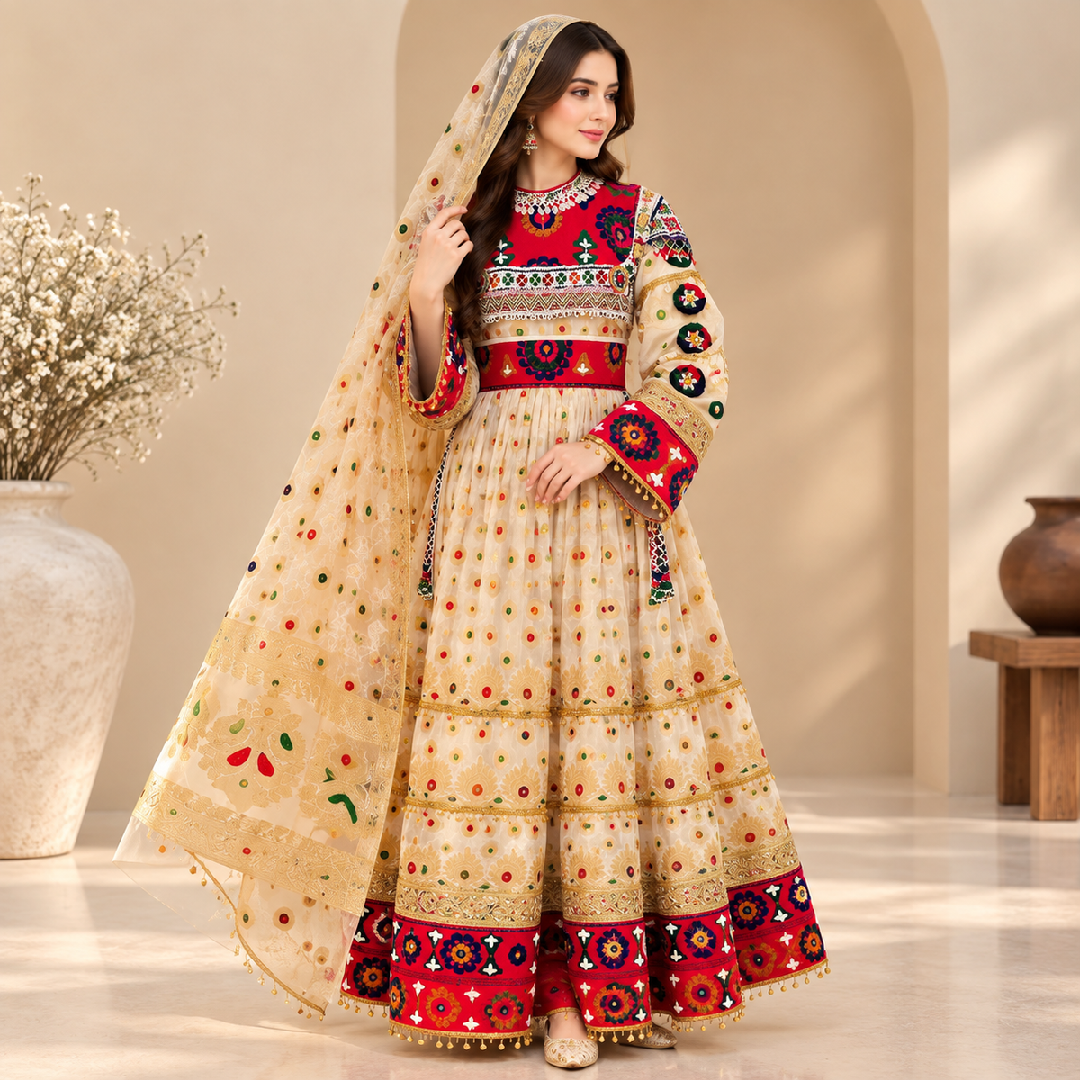 Afghan Traditional Ivory Embroidered Dress – Royal Maroon Heritage Lehenga Suit