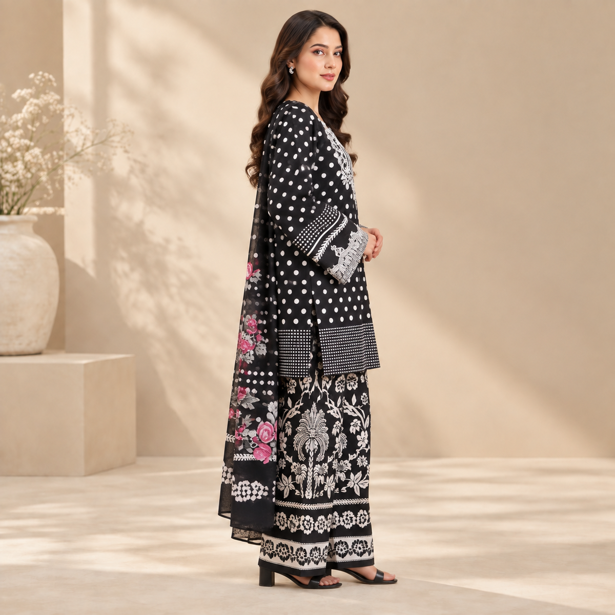 Noir Rose Polka Embroidered 3-Piece Suit