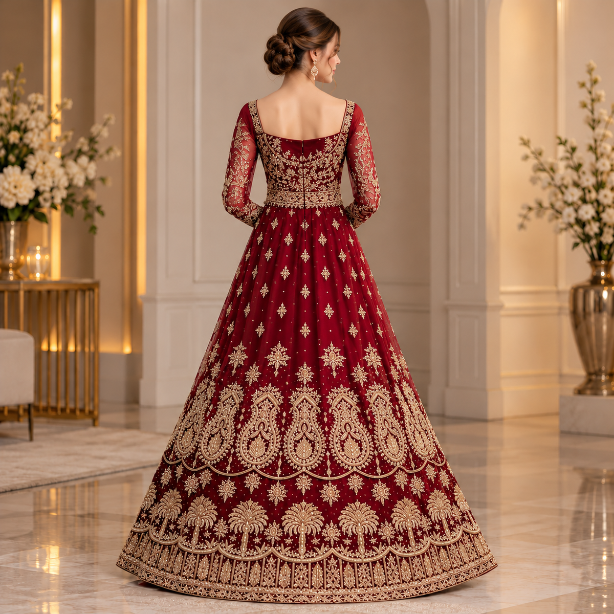 Royal Burgundy &amp; Gold Embroidered Bridal Lehenga Gown
