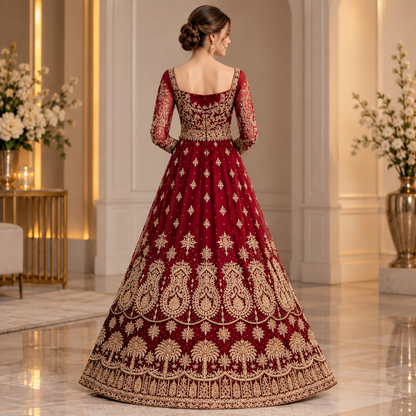 Royal Burgundy &amp; Gold Embroidered Bridal Lehenga Gown