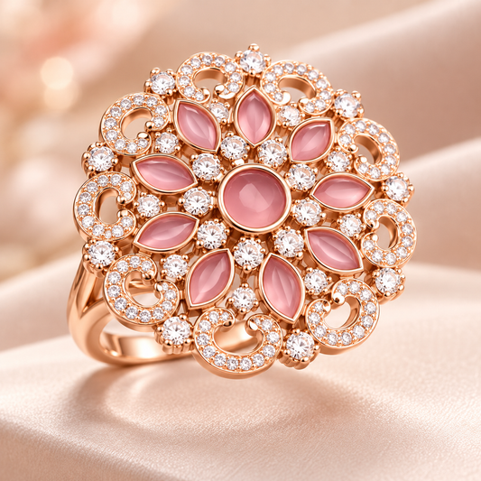 Luxury Rose Gold Pink Floral Mandala Statement Ring