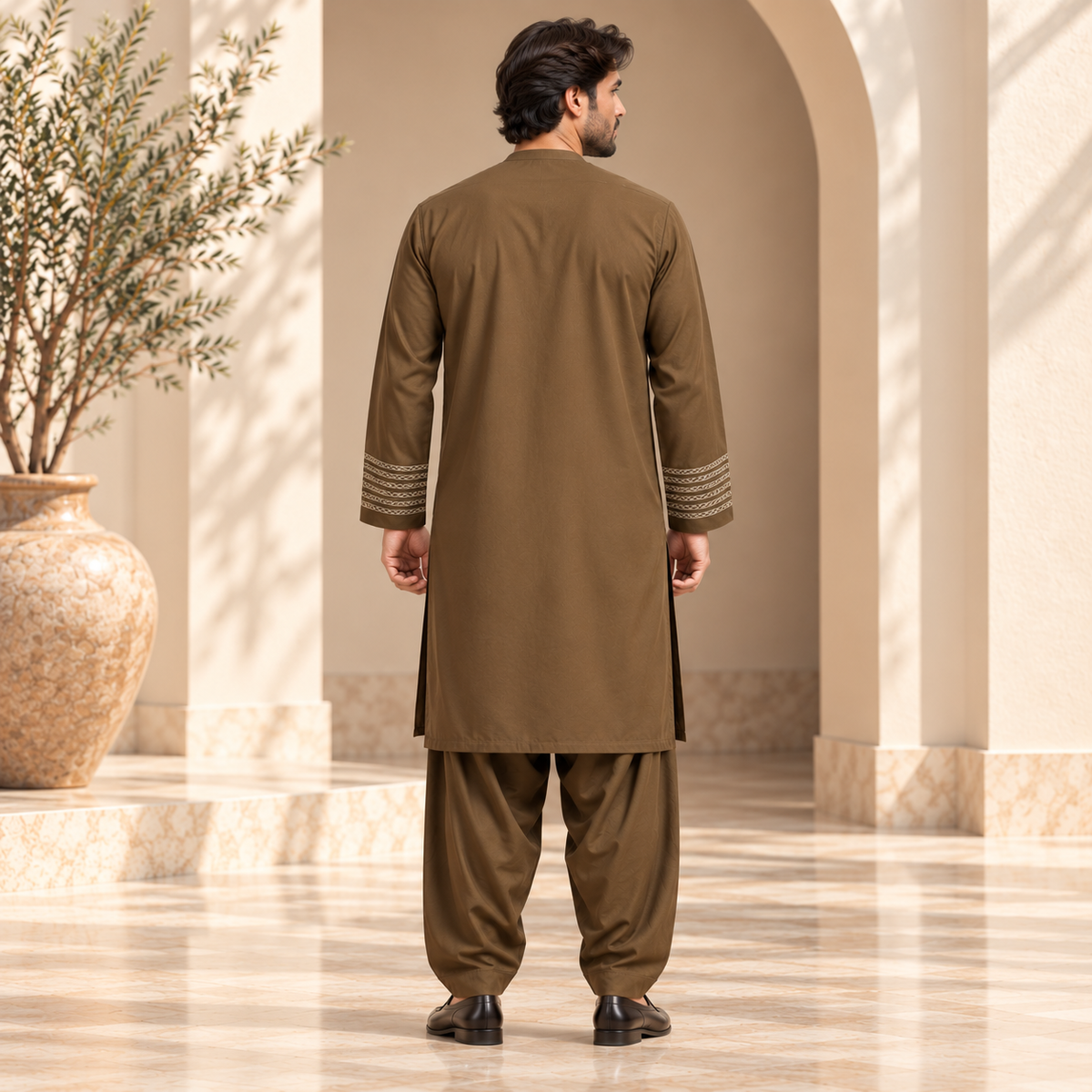 Afghan Heritage Embroidered Shalwar Kameez – Classic Olive Brown
