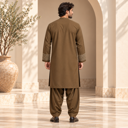Afghan Heritage Embroidered Shalwar Kameez – Classic Olive Brown