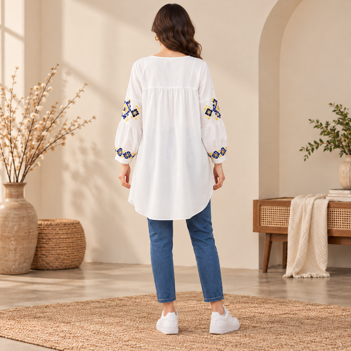 Women's White Boho Blue & Yellow Embroidered Tassel Tunic Top