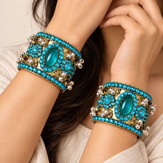 Vintage Turquoise Blue Stone Ghungroo Cuff Bracelets – Antique Gold Tribal Jewelry