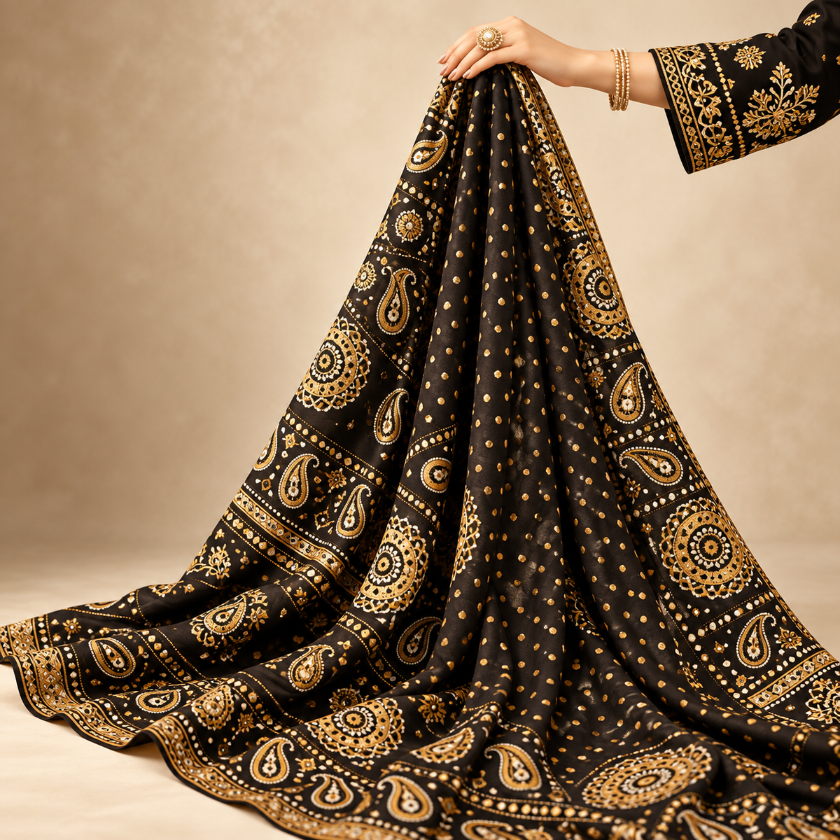 Black & Gold Paisley Printed Traditional Dupatta