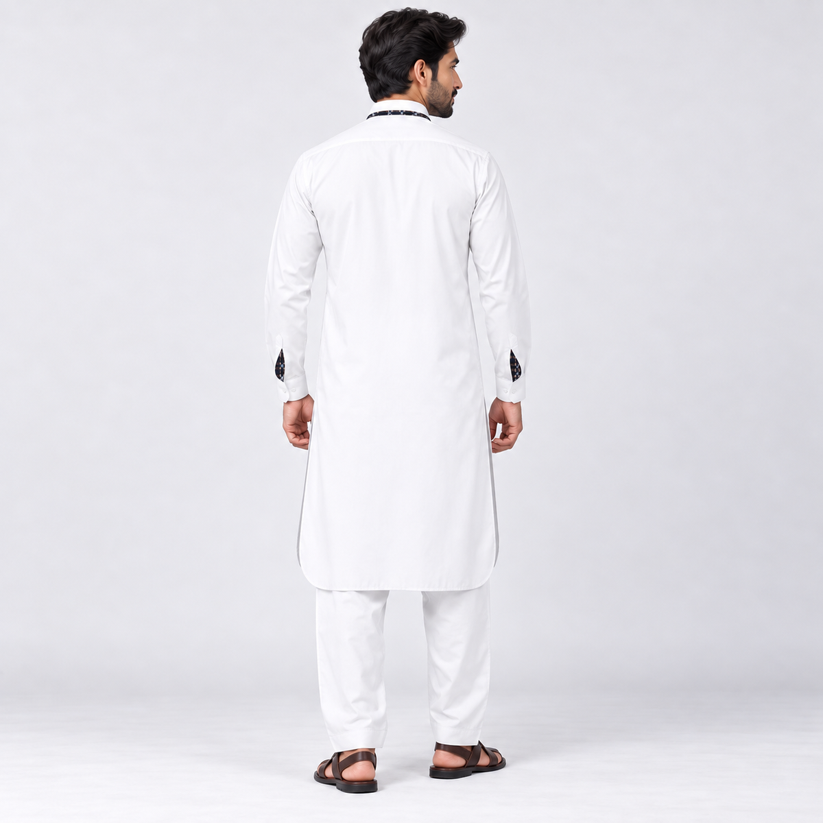 Classic White Men’s Shalwar Kameez with Contrast Patterned Accents
