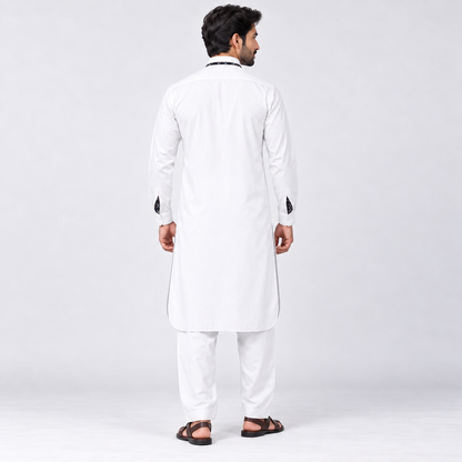 Classic White Men’s Shalwar Kameez with Contrast Patterned Accents