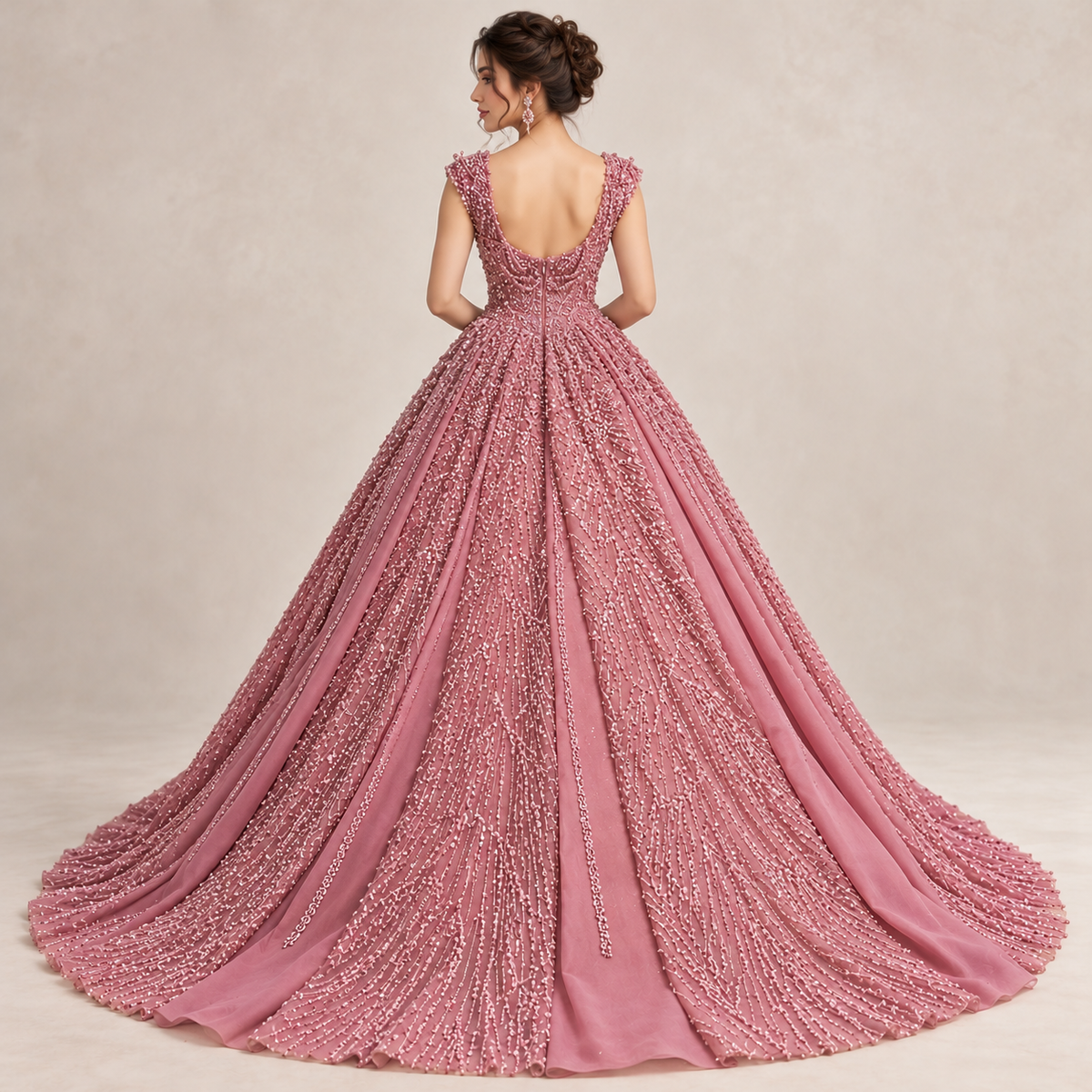 Luxury Dusty Rose Pink Embellished Maxi Dress – Elegant Princess Style