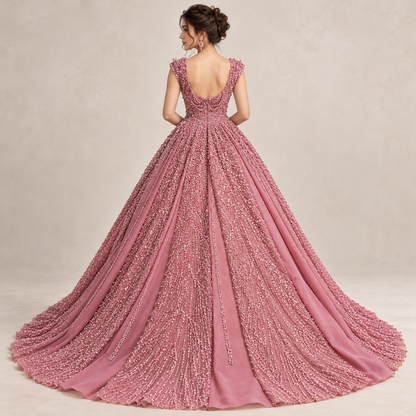 Luxury Dusty Rose Pink Embellished Maxi Dress – Elegant Princess Style