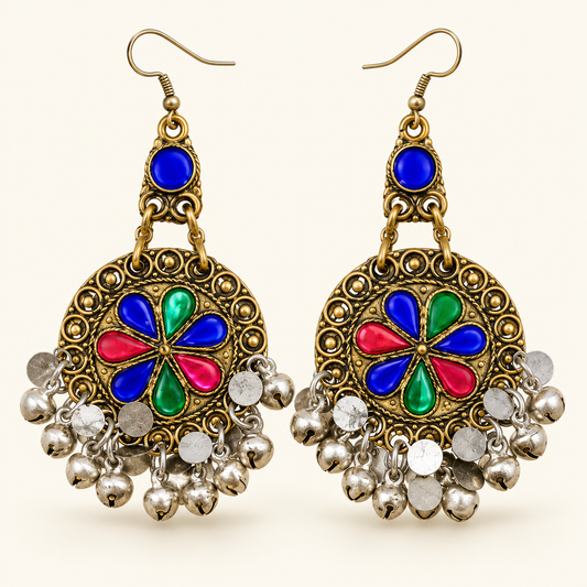 Luxury Multicolor Antique Gold Handmade Floral Jhumka Earrings