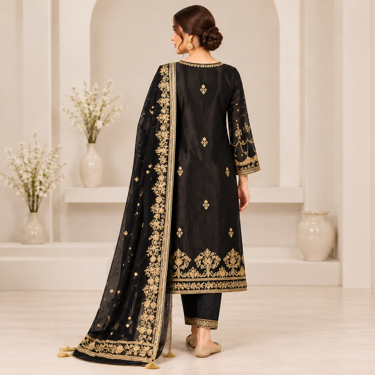 Noir Royale Gold Embroidered 3-Piece Suit