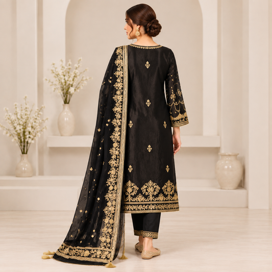 Noir Royale Gold Embroidered 3-Piece Suit