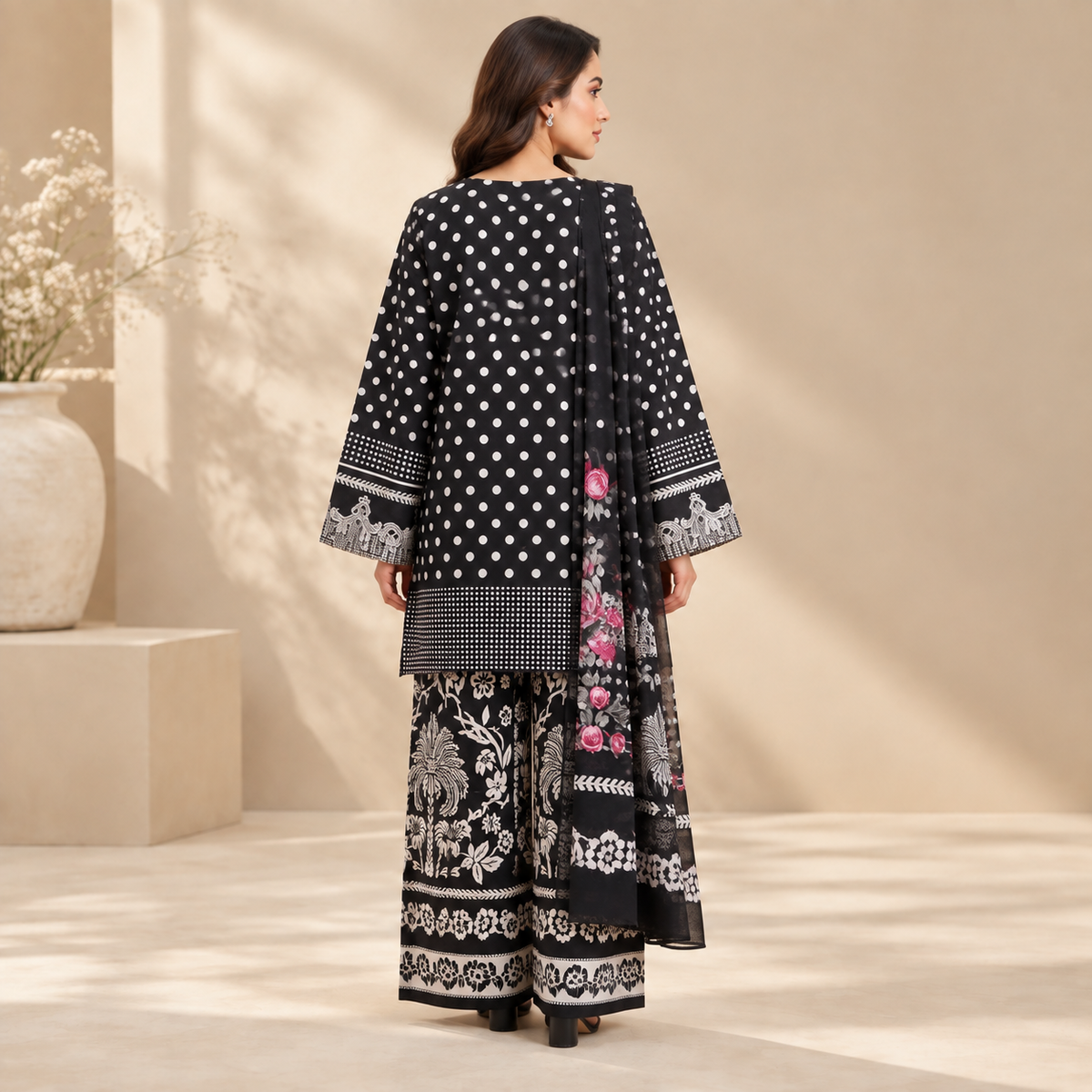 Noir Rose Polka Embroidered 3-Piece Suit