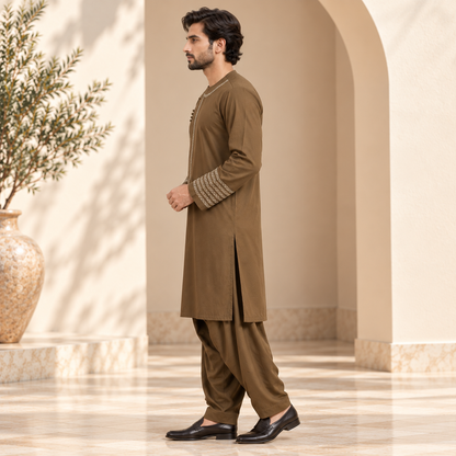 Afghan Heritage Embroidered Shalwar Kameez – Classic Olive Brown