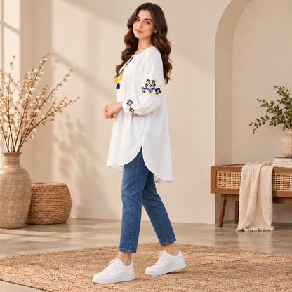 Women's White Boho Blue & Yellow Embroidered Tassel Tunic Top