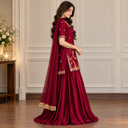Royal Burgundy – Gold Embroidered Traditional Ensemble