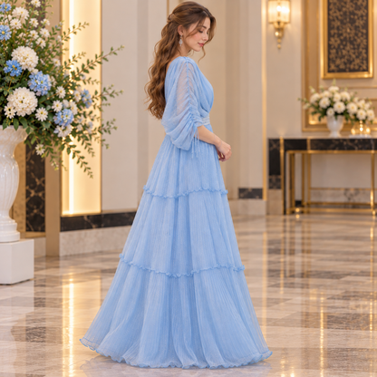Sky Blue Elegant Pleated Maxi Dress