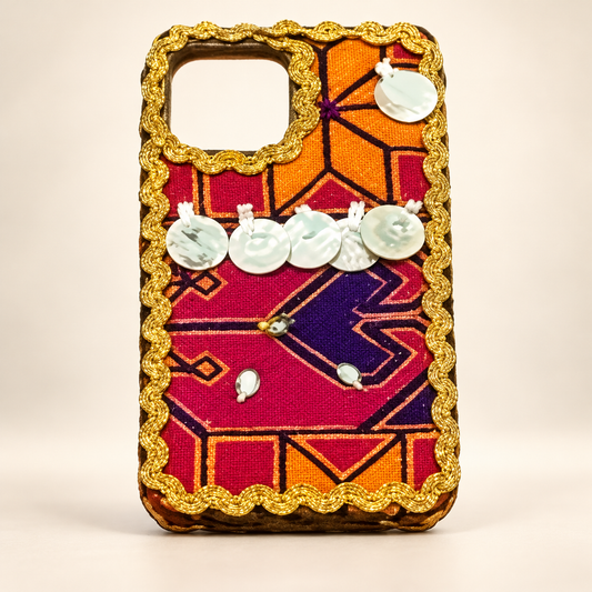 Boho Geometric Handmade Embroidered Mobile Cover with Golden Trim & Mirror Charms – Magenta Orange