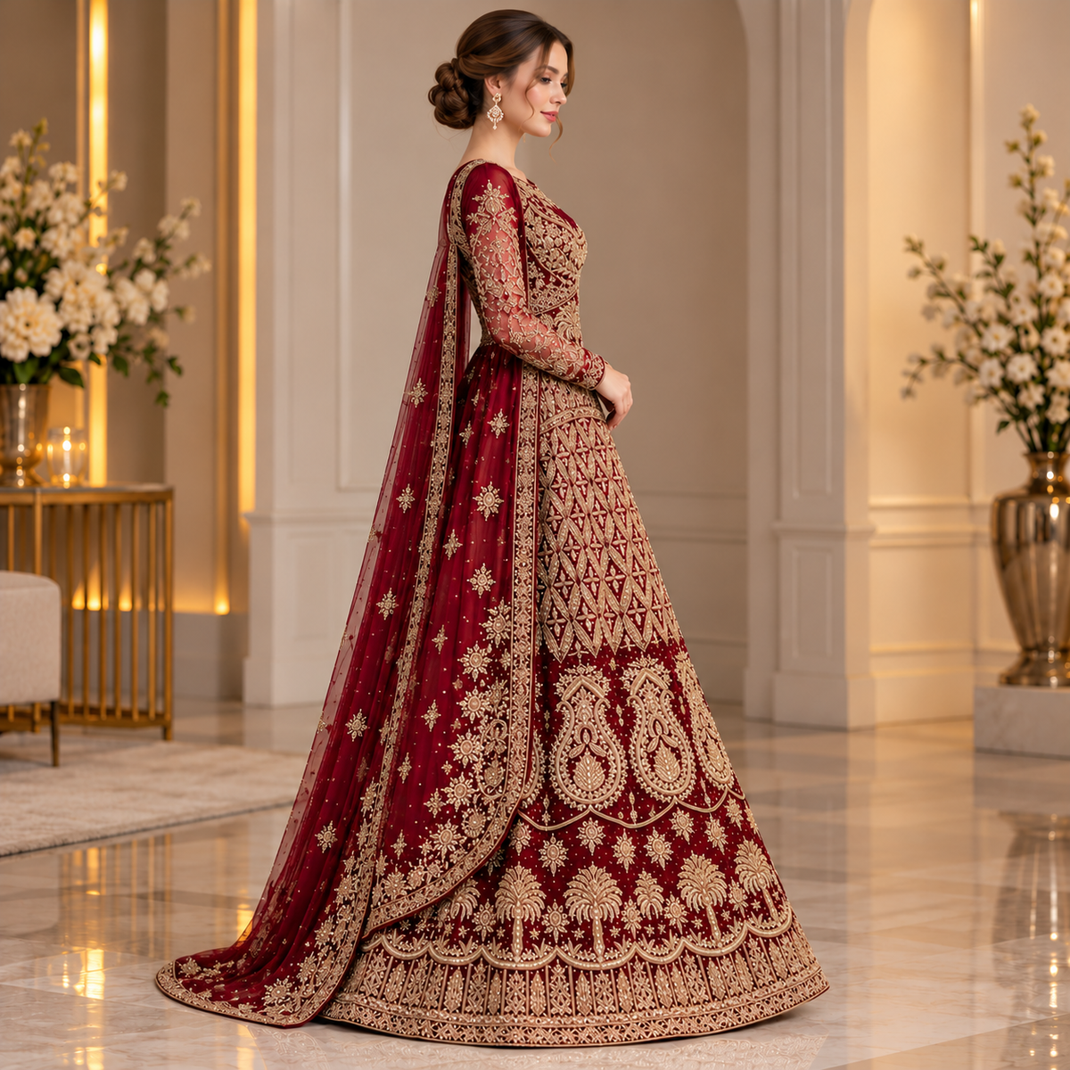 Royal Burgundy &amp; Gold Embroidered Bridal Lehenga Gown