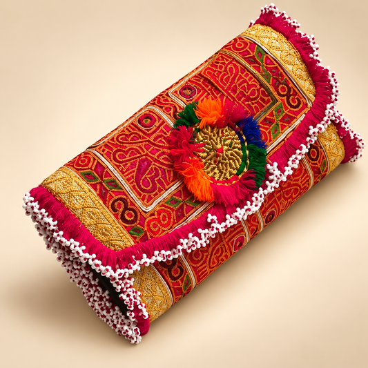 Royal Red & Gold Handmade Embroidered Clutch Bag with Multicolor Tassels & Beaded Fringe