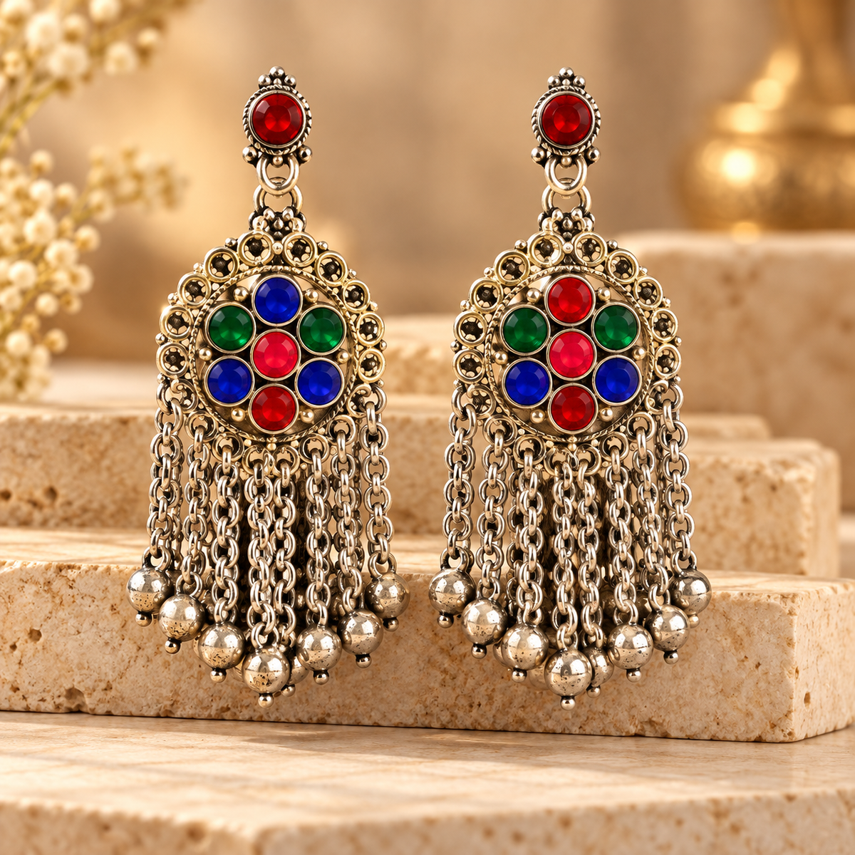 Antique Gold Multicolor Stone Chandelier Earrings with Chain & Bell Danglers
