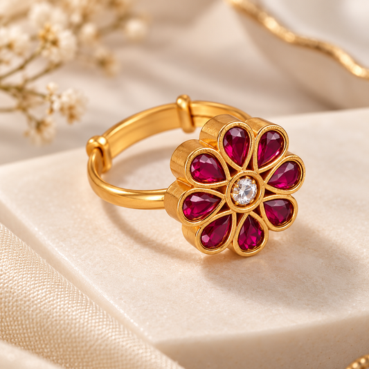 Luxury Ruby Red Floral Gold Handmade Statement Ring