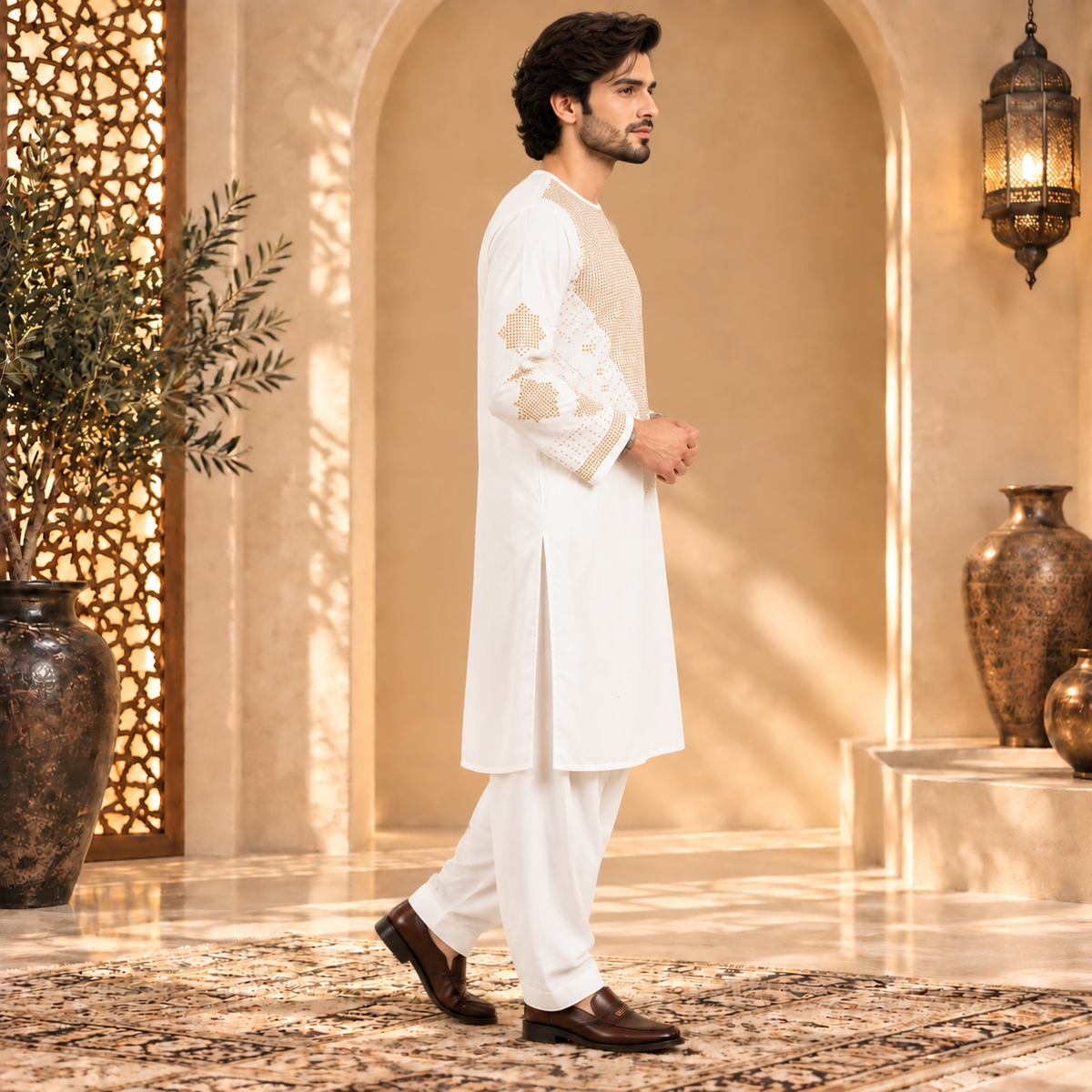Afghan Traditional White Embroidered Kurta Shalwar – Royal Gold Heritage Wear