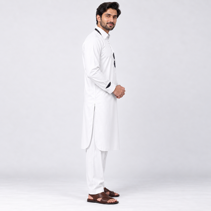Classic White Men’s Shalwar Kameez with Contrast Patterned Accents